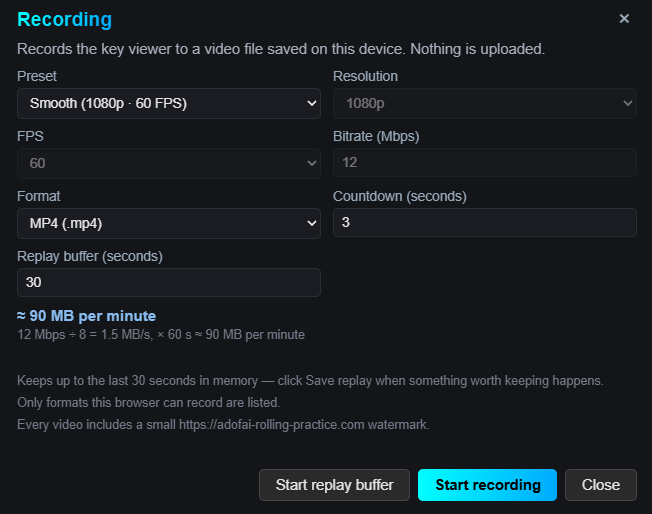 Screenshot: recording controls